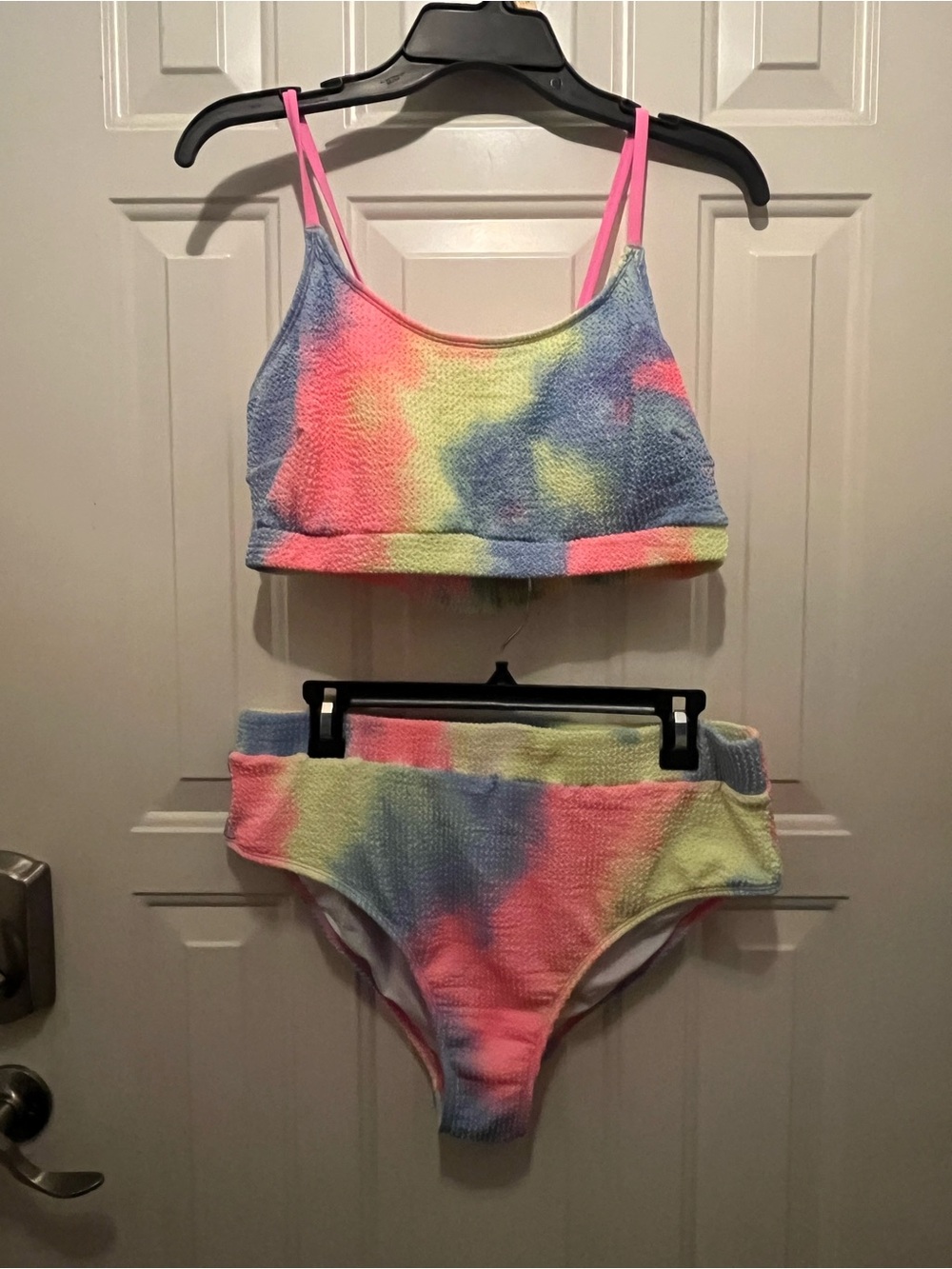 Tie-Dye Women’s Two Piece Mid Rise Bathing Suit - Pink, Blue & Yellow